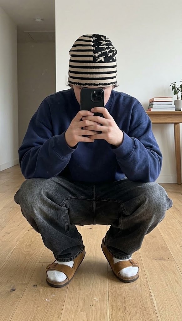 Bleached Black beanie on model